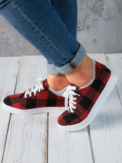 flowersverse Christmas Red Plaid Black And White Plaid Leopard Casual Flat Shoes Xmas Flats