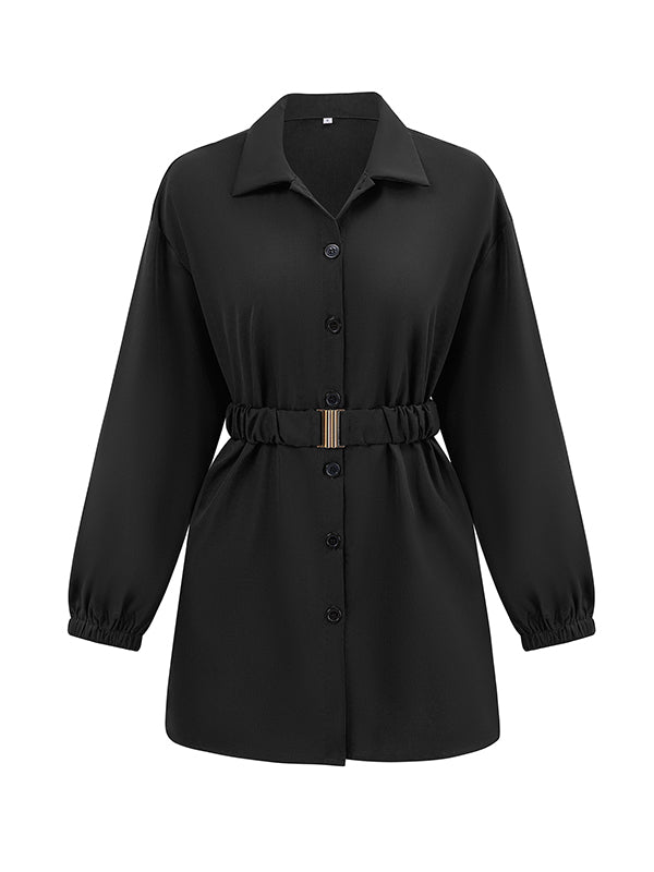 flowersverse Belted Solid Color Loose Lapel Shirts Tops Blouses&shirts Tops