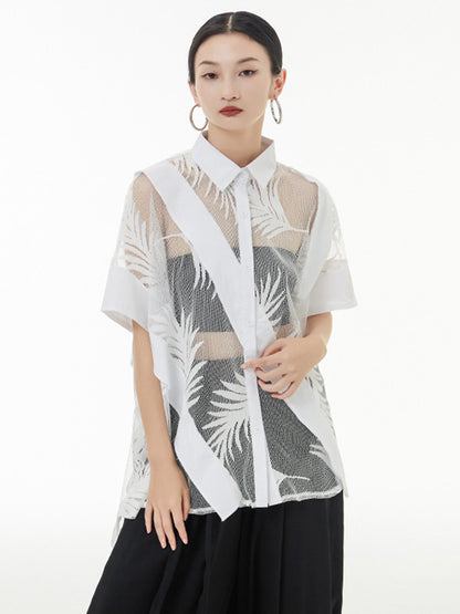 flowersverse Stylish Loose Half Sleeves Buttoned Mesh Hollow See-Through Blouses&Shirts Tops