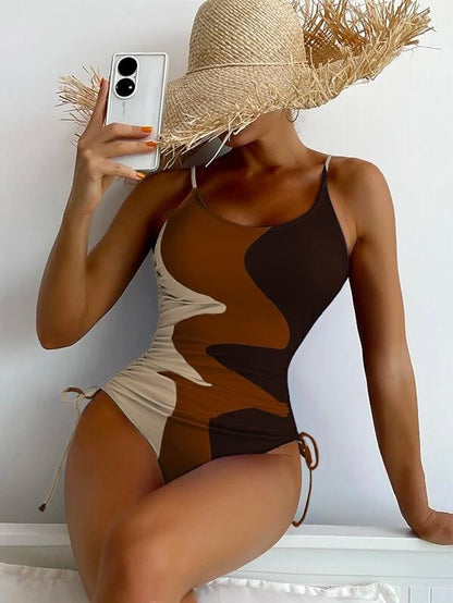 flowersverse Women's Swimwear One Piece Normal Swimsuit Printing Color Block Blue Purple Brown Green Bodysuit Bathing Suits Sports Summer