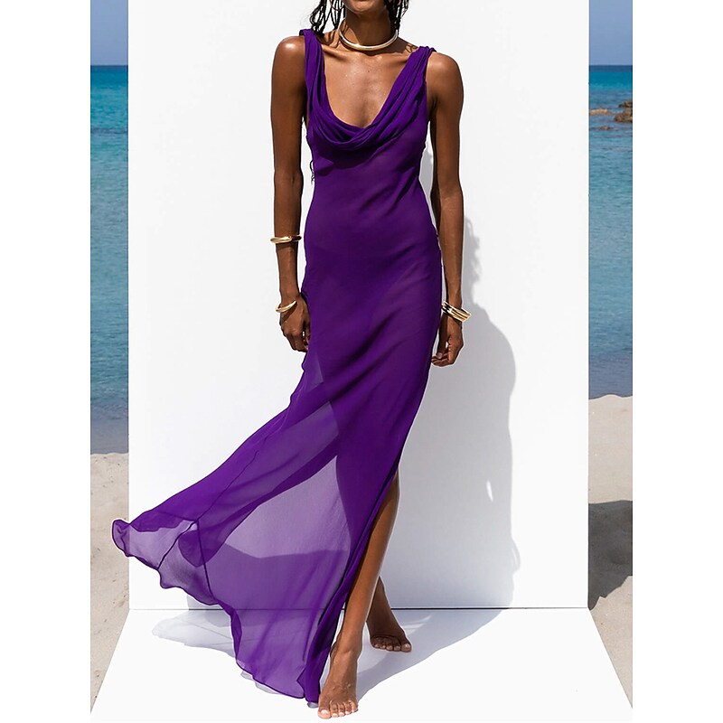 flowersverse Women's Cover Up Beach Dress Beach Wear Long Dress Maxi Dress Split Print Basic Sexy Leopard U Neck Sleeveless Loose Fit Outdoor Daily Purple Orange  Spring Summer S M L