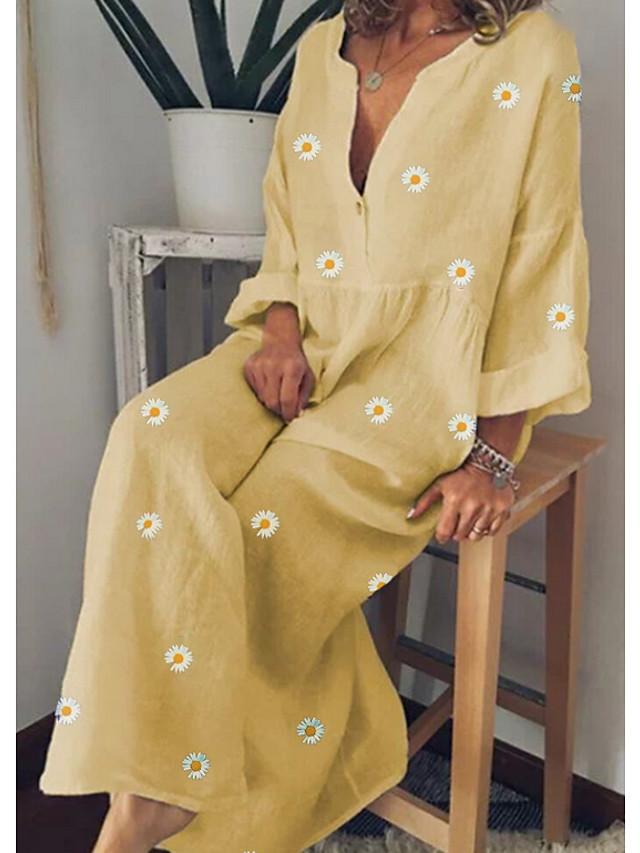 flowersverse Women's A-Line Dress Maxi Long Dress Long Sleeve Floral Spring Summer Cotton Yellow Green Light Blue M