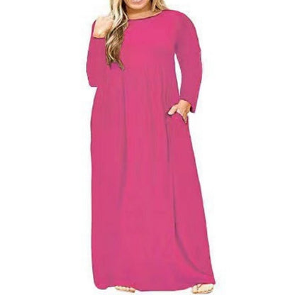 flowersverse Women's Plus Size Casual Dress T Shirt Dress Tee Dress Solid Color Long Dress Maxi Dress Long Sleeve Pocket Crew Neck Classic Daily Navy Blue Orange Winter Fall L XL 3XL 4XL 5XL