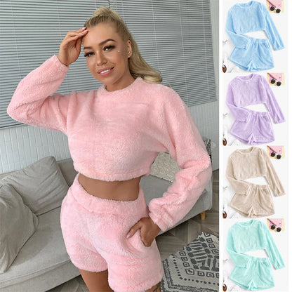 flowersverse High Waist Long Sleeves Flocking Plus Shorts Home Leisure Coral Fleece Suit