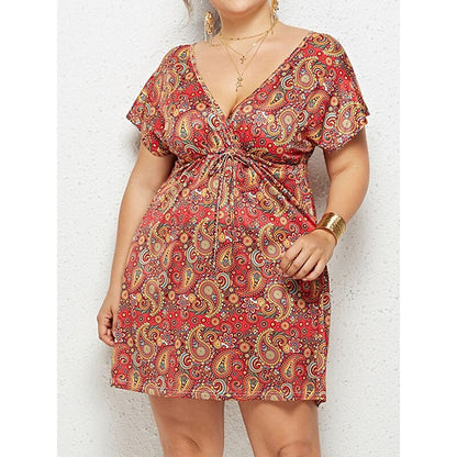 flowersverse Women's Plus Size Casual Dress Floral Dress Boho Dress Floral Plaid Mini Dress Short Sleeve Print V Neck Fashion Daily Black Pink Summer Spring L XL XXL 3XL 4XL