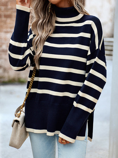 flowersverse Contrast Color Split-Side Striped Long Sleeves Loose High Neck Sweater Tops Pullovers