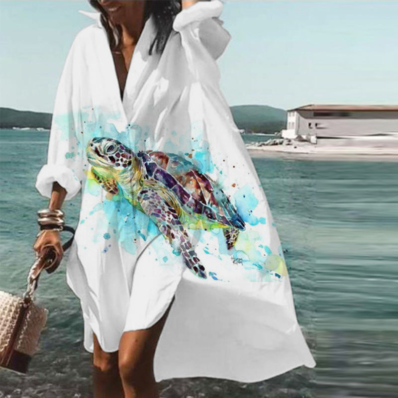 flowersverse Summer Fit Ladies Long Sleeve Plus Size Bohemian Print Loose Dress