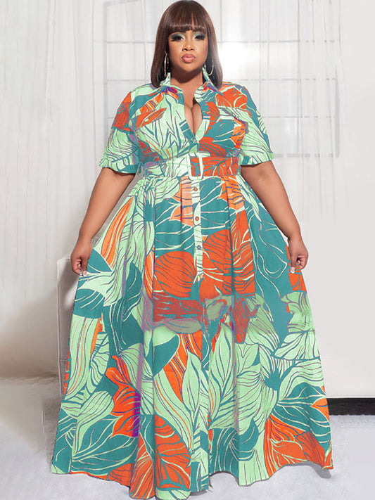 flowersverse Plus Size Short Sleeves Leaf Print Maxi Dresses