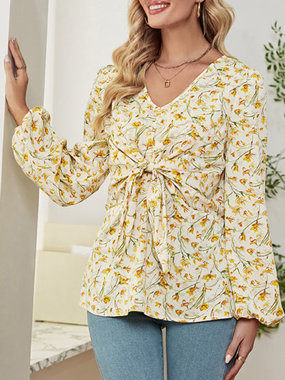 flowersverse Flower Print Knot Long Sleeves Loose V-Neck Blouses&Shirts Tops