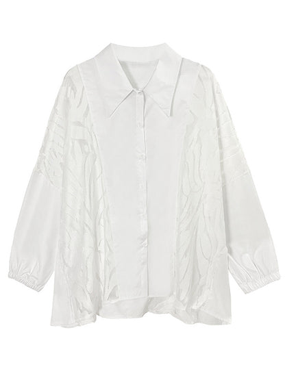 flowersverse Urban See-Through Lace Split-Joint Lapel Blouse