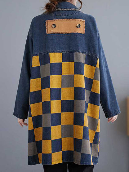 flowersverse Buttoned Fringed Plaid Pockets Split-Joint Long Sleeves Loose Notched Collar Denim Outerwear