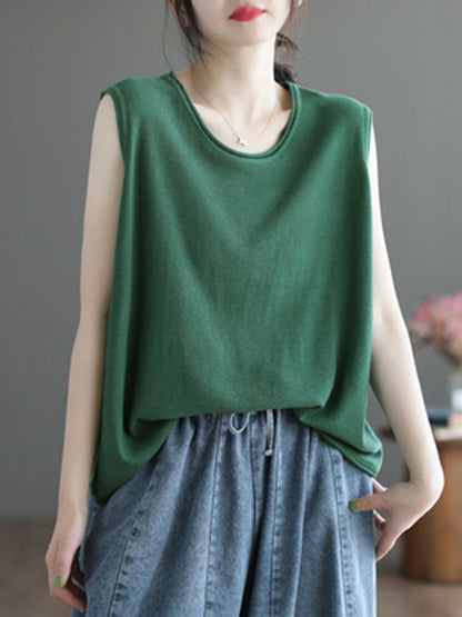 flowersverse Solid Color Loose Sleeveless Round-neck Knitting Vest Top