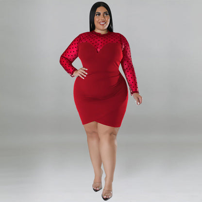 flowersverse Plus Size Dot Sexy Nightclub Women's Stitching Mesh Multi-color Dress