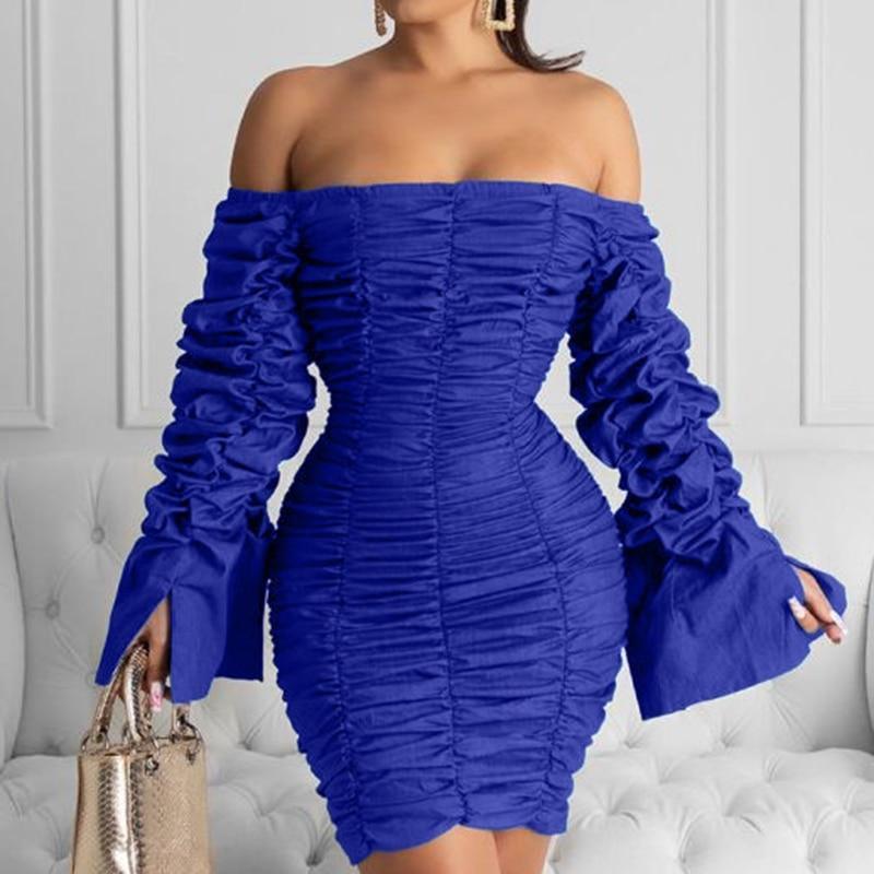 flowersverse Ruched Design Off Shoulder Long Sleeve Dress Women Solid Blue  Bodycon Party Dresses Mini Vestidos Plus Size