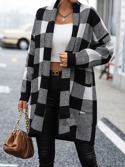 flowersverse Contrast Color Plaid Long Sleeves Loose Cardigan Coats