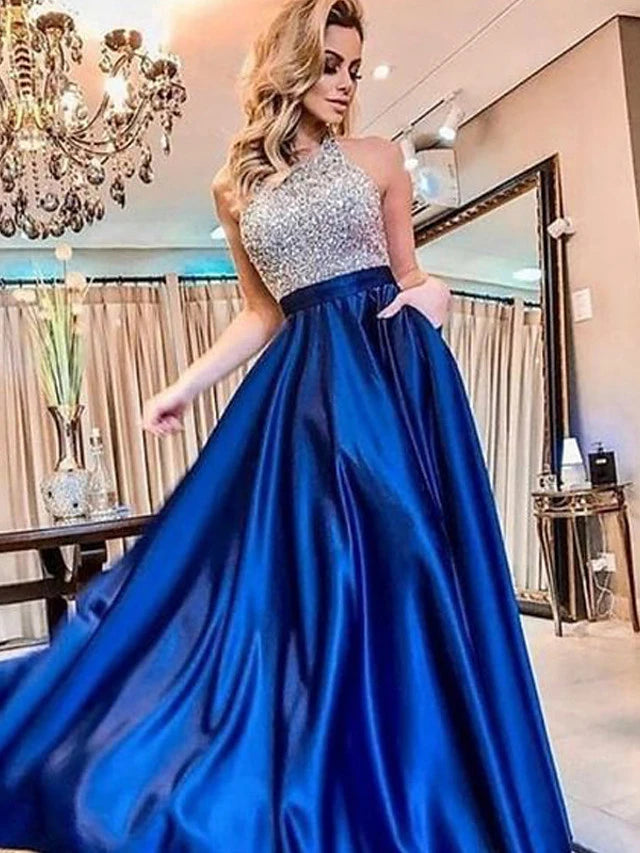 flowersverse Women's A Line Dress Maxi Long Dress Blue Sleeveless Solid Color Backless Sequins Patchwork Fall Round Neck Formal