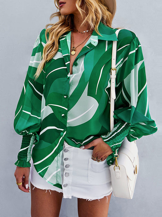 flowersverse Buttoned Elasticity Printed Long Sleeves Loose Lapel Blouses&Shirts Tops