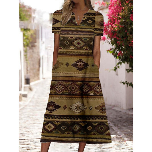 flowersverse Women's Casual Dress Shift Dress Swing Dress Floral Tribal Pocket Print V Neck Midi Dress Ethnic Tribal Outdoor Vacation Short Sleeve Regular Fit Brown Green Spring Summer S M L XL XXL