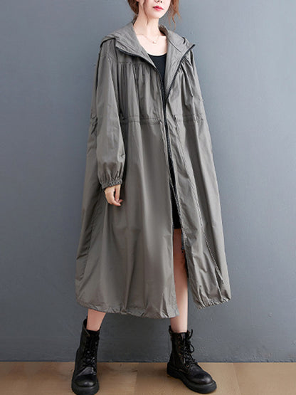 flowersverse Casual Loose Solid Color Zipper Drawstring Long Sleeves Hooded Trench Coat