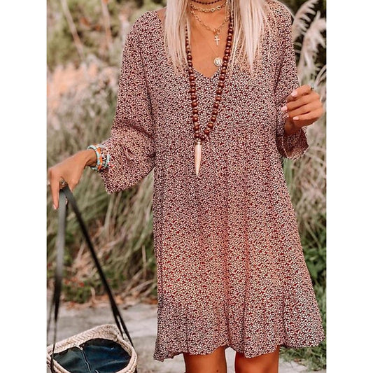 flowersverse Women's Casual Dress Floral Dress Print Dress Floral Print V Neck Midi Dress Active Basic Outdoor Daily Long Sleeve Loose Fit Red Spring Summer S M L XL XXL