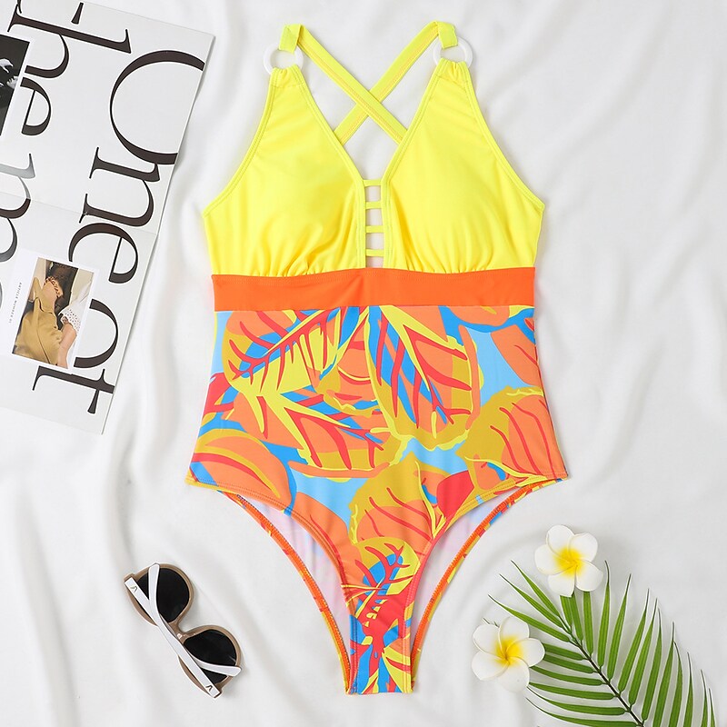 flowersverse Women's Swimwear One Piece Normal Swimsuit Printing Floral Yellow Green Bodysuit Bathing Suits Sports Beach Wear Summer