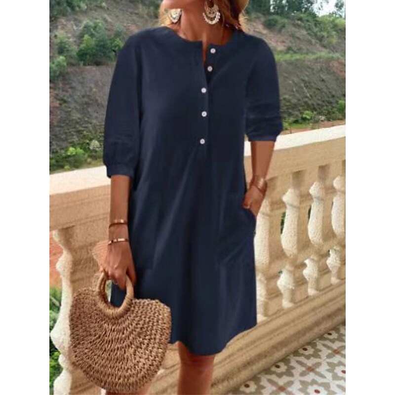 flowersverse Women's Casual Dress Shift Dress Summer Dress Plain Button Pocket Crew Neck Midi Dress Active Basic Outdoor Daily Half Sleeve Loose Fit Black Navy Blue Blue Spring Summer S M L XL XXL