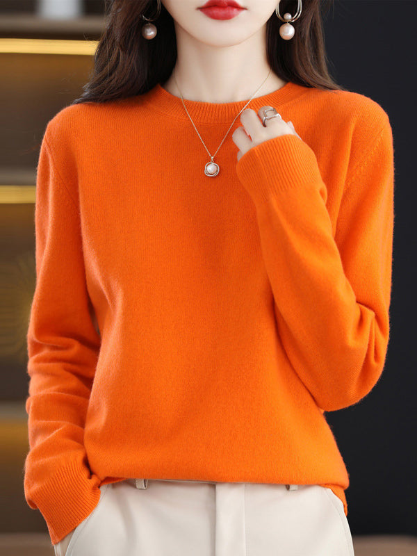 flowersverse Casual Long Sleeves Loose Solid Color Round-Neck Sweater Tops