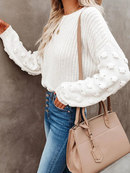 flowersverse Trendy Tops Puff Sleeves Loose Solid Color Round-Neck Sweater Tops