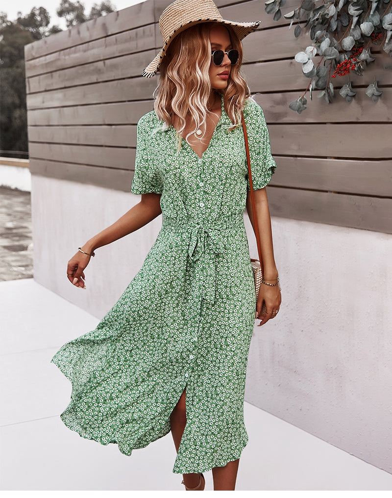 flowersverse Spring Summer Ladies Bandage Dress Women Casual Medium Long Sleeve Button Floral Print Chic Dress