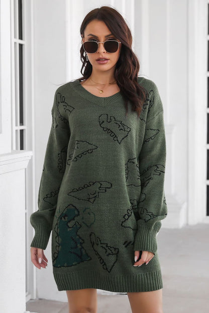 flowersverse Casual Dinosaur Pattern V-Neck Sweater Mini Dress