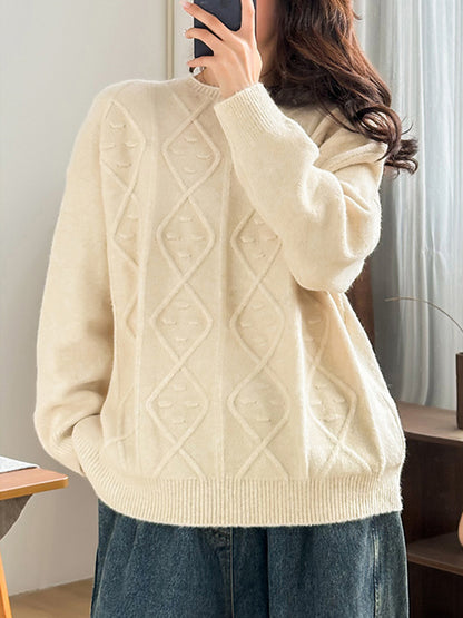 flowersverse Simple Loose Long Sleeves Jacquard Solid Color Round-Neck Sweater Tops