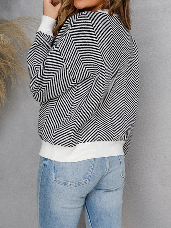 flowersverse Striped Long Sleeves Loose Round-Neck Sweater Tops Pullovers Knitwear