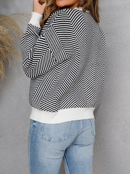 flowersverse Striped Long Sleeves Loose Round-Neck Sweater Tops Pullovers Knitwear