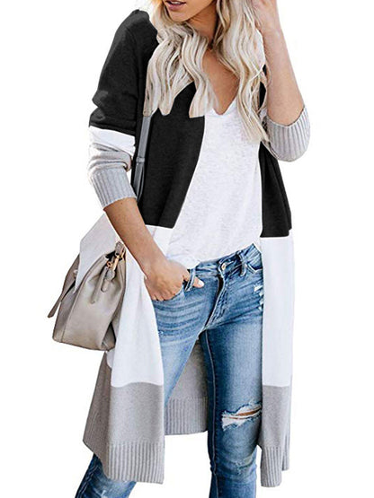 flowersverse Contrast Color Long Sleeves Loose V-Neck Cardigan Tops