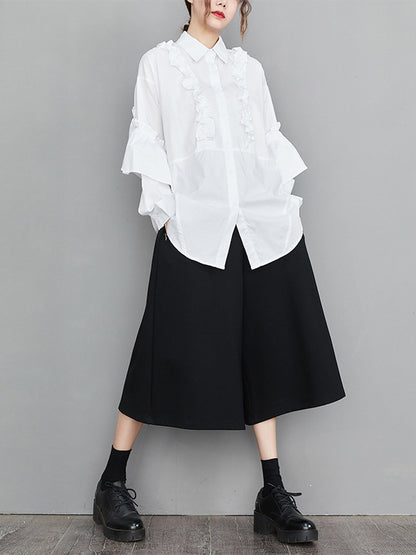 flowersverse Casual Loose Long Sleeves Buttoned Ruffled Solid Color Lapel Collar Blouses&Shirts Tops