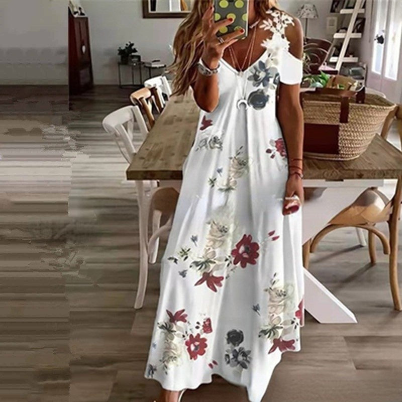 flowersverse Floral Loose V Neck Casual Striped Maxi Dress