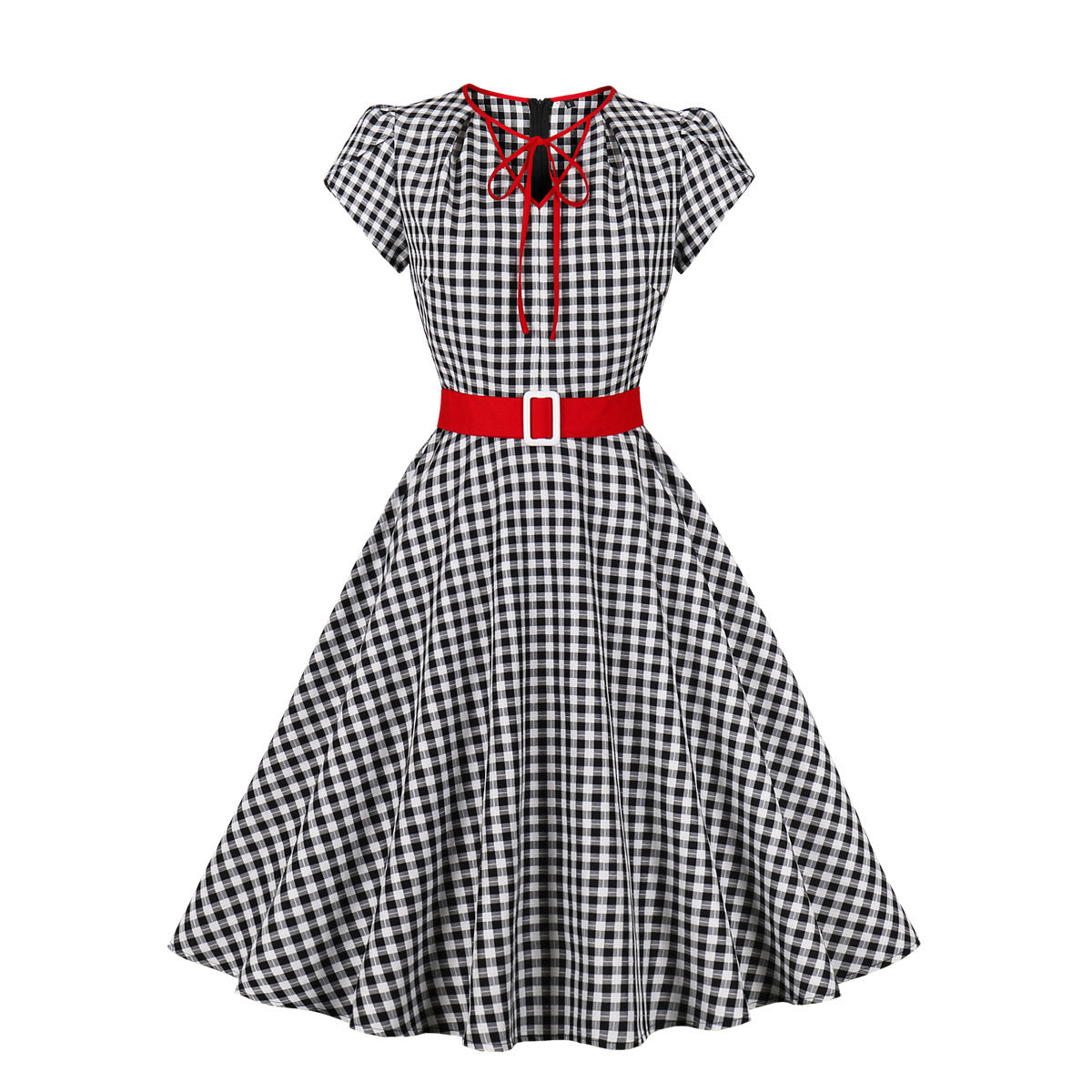 flowersverse Women Vintage Black and White Check Belt Dress