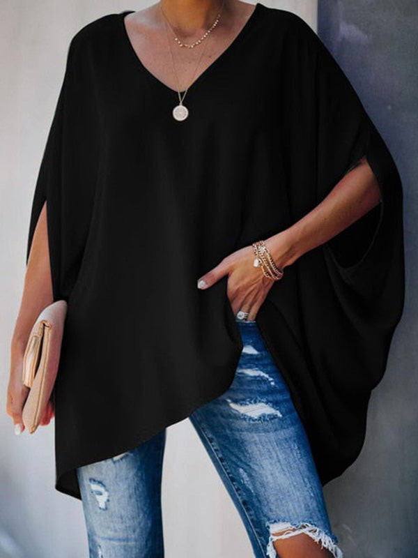 flowersverse Oversize Batwing Sleeves Solid Color V-Neck T-Shirt