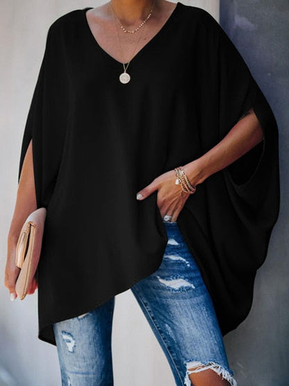 flowersverse Oversize Batwing Sleeves Solid Color V-Neck T-Shirt