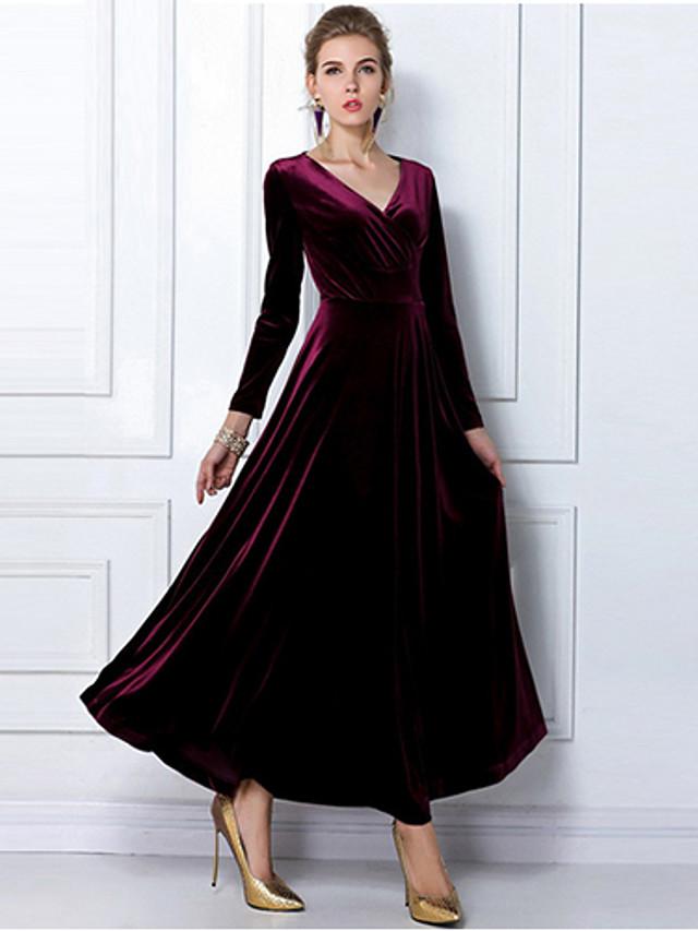 flowersverse Women's Sheath Dress Maxi Long Dress Black Purple Wine Green Royal Blue Long Sleeve Solid Colored V Neck Hot Velvet / Plus Size