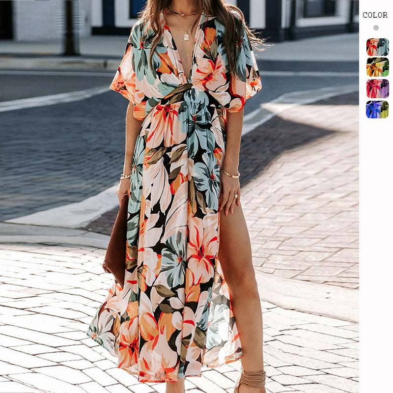 flowersverse High Split Sexy V-Neck Print Dress