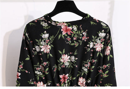 flowersverse Autumn Winter Ladies Chiffon High Elastic Waist Women Bow Aline Full Sleeve Flower Print Floral Party Dress Female Vestido