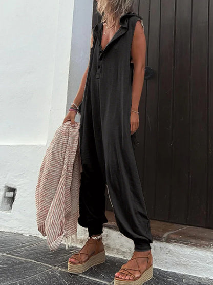 flowersverse Buttoned Loose Sleeveless V-neck Jumpsuits