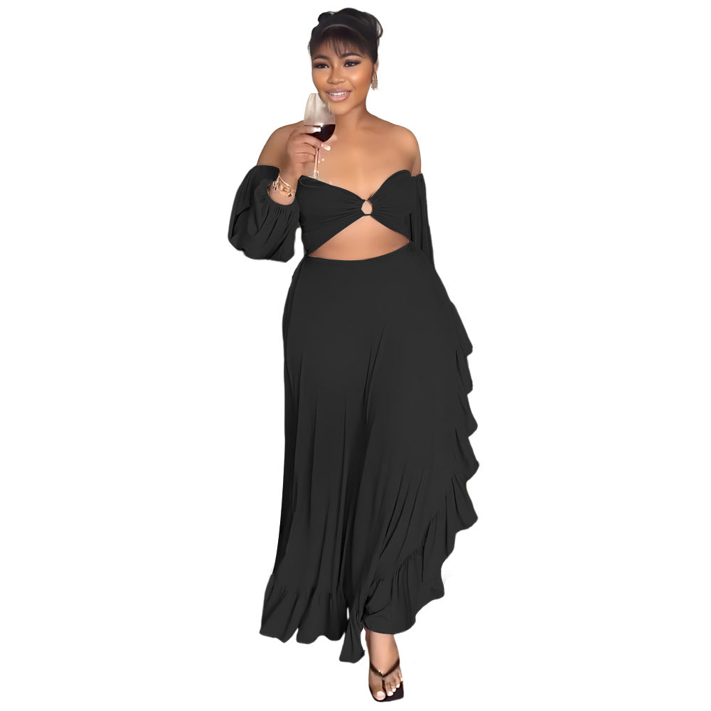 flowersverse Wrapped Bust Sexy Crop Irregular Ruffles Slit Gown Women's Dress