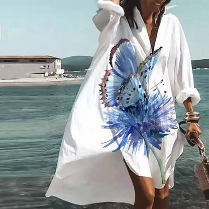 flowersverse Summer Fit Ladies Long Sleeve Plus Size Bohemian Print Loose Dress