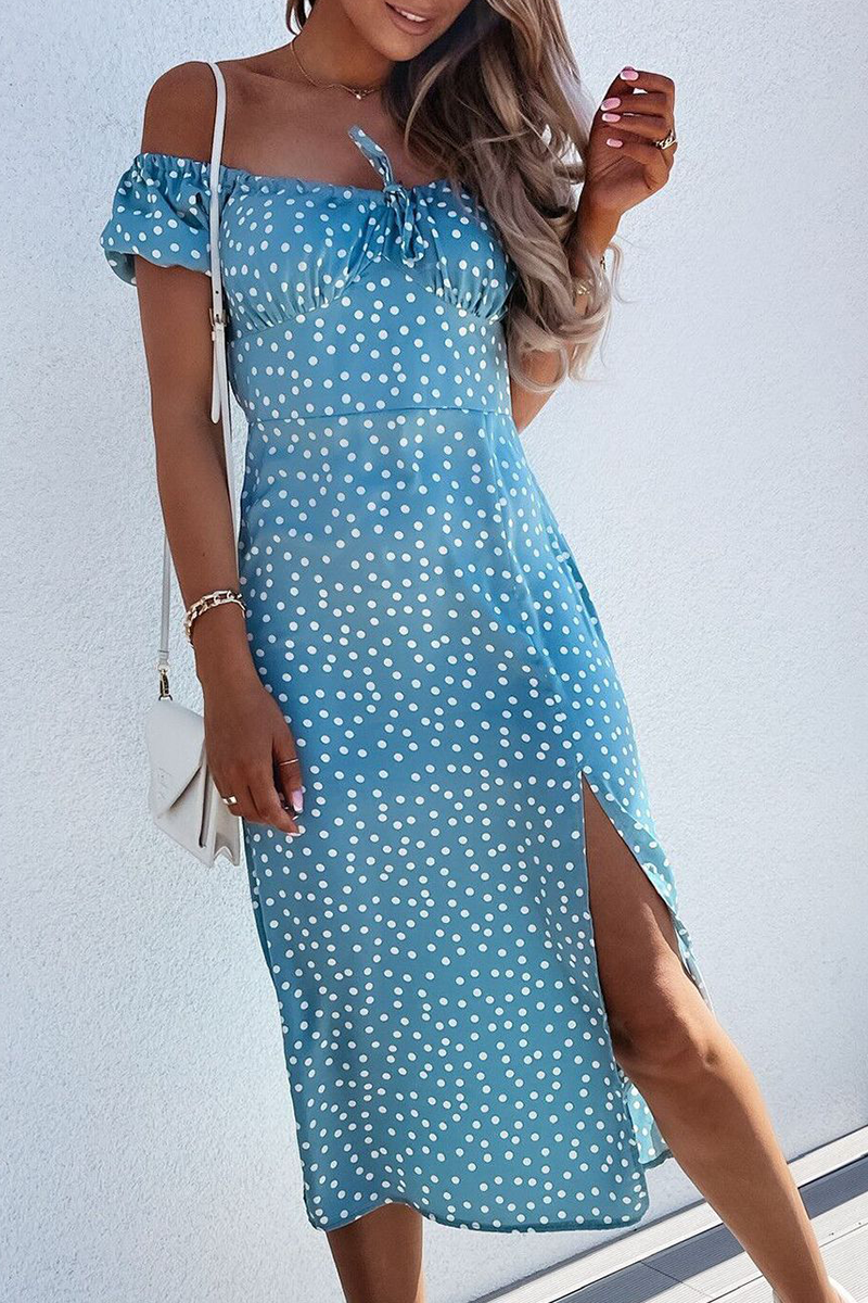 flowersverse Fashion Elegant Floral Polka Dot Frenulum Slit Off the Shoulder A Line Dresses