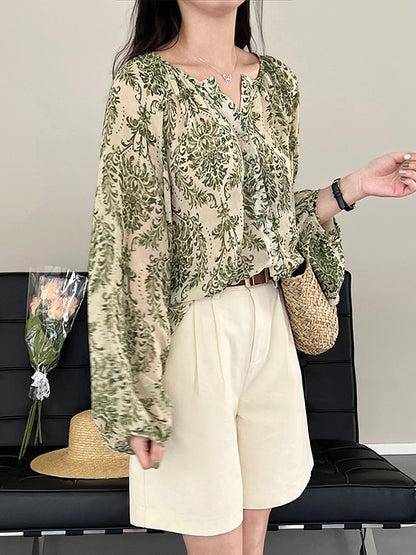 flowersverse Loose Printed Sun Protection Balloon Sleeves V-Neck Blouses