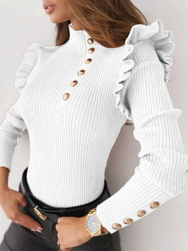 flowersverse Buttoned Falbala Split-Joint Long Sleeves Skinny High-Neck Sweater Tops Pullovers