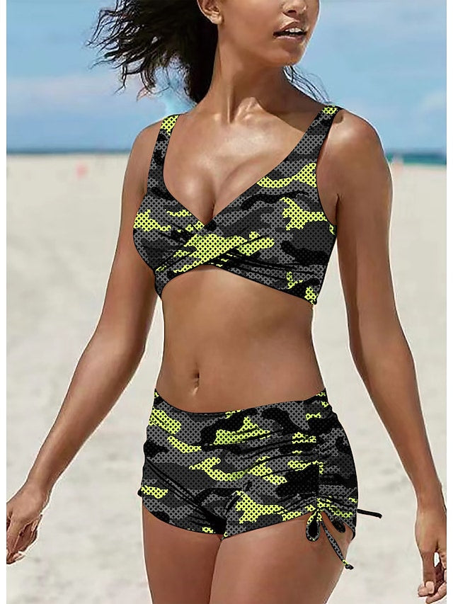 flowersverse Women's Swimwear Bikini Plus Size Swimsuit 2 Piece Camouflage Black Light Green Army Green Red Blue Bandeau Bathing Suits Sports Summer