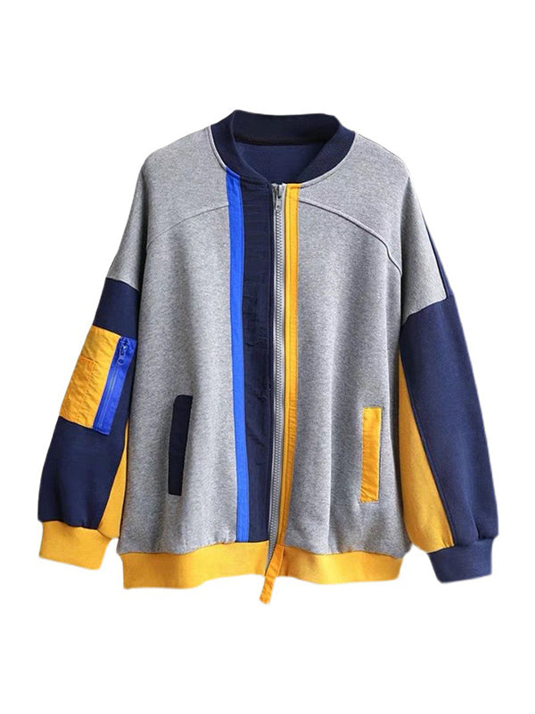 flowersverse Casual Loose Contrast Color Split-Joint Stand Collar Long Sleeves Outwear